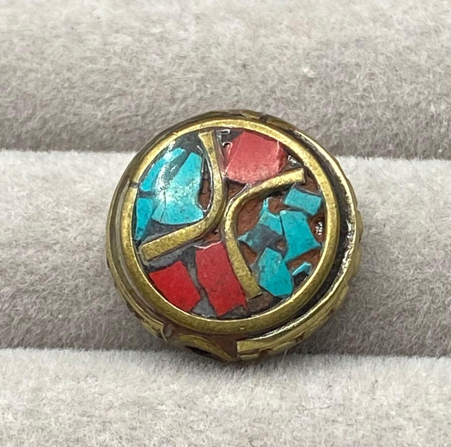 Old Antique 16x7mm Nepalese Tibetan Bead with Coral and Turquoise Inlay – 3.6g Handmade Brass Vintage Bead for Jewelry Making, Boho Crafts, Healing & Meditation Accessories (50)