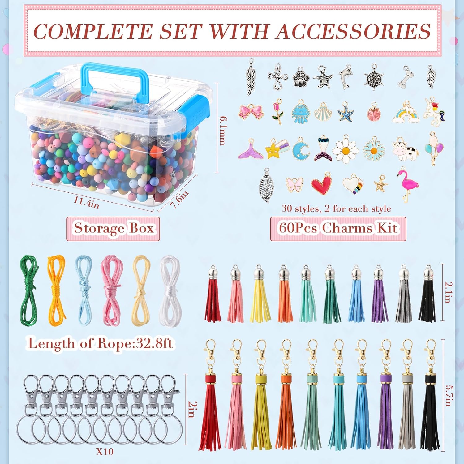 Hotop 1176 Pcs Silicone Beads for Keychain Making Kit, 12mm15mm Round 14mm17mm Polygonal Silicone Rubber Beads for Keychain DIY Necklace Bracelet Jewelry Making Supplies