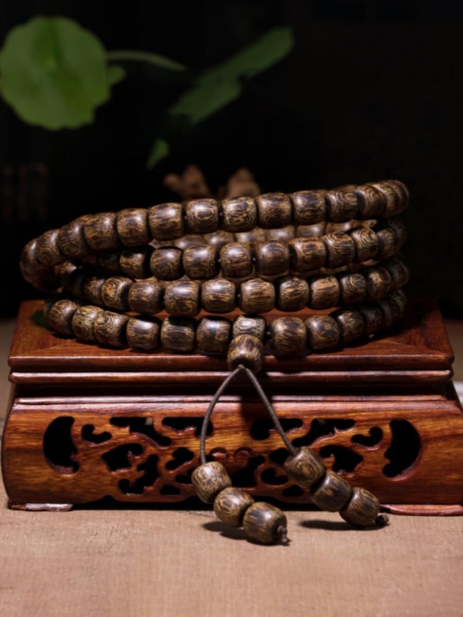 Kalimantan Agarwood 8mm*108 Beads Vintage Wooden Bead Bracelet Traditional Barrel-Shaped Buddhist Prayer Beads