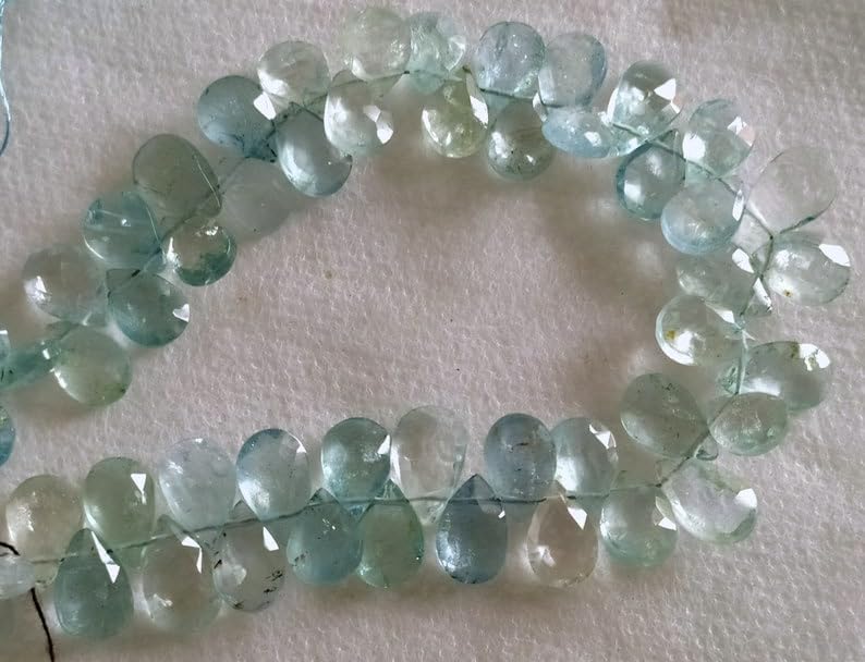 8 inch Strand of Natural Brazilian Aquamarine 8-10 mm pear Faceted briolette Beads for DIY Jewelry Making. |BRIO_01259