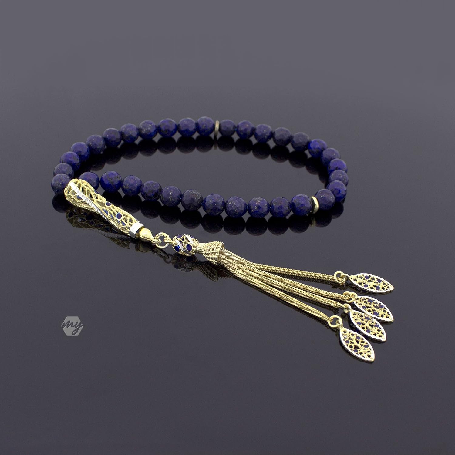Gold Plated Silver Tassel Faceted Lapis Stones Islamic 33 Prayer Beads Tasbeeh