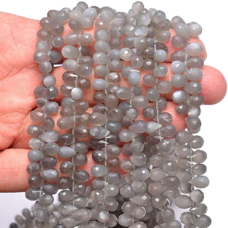7 inch Strand of Natural Gray Moonstone 6x8mm Teardrop Faceted briolette Beads for DIY Jewelry Making. |BRIO_03589
