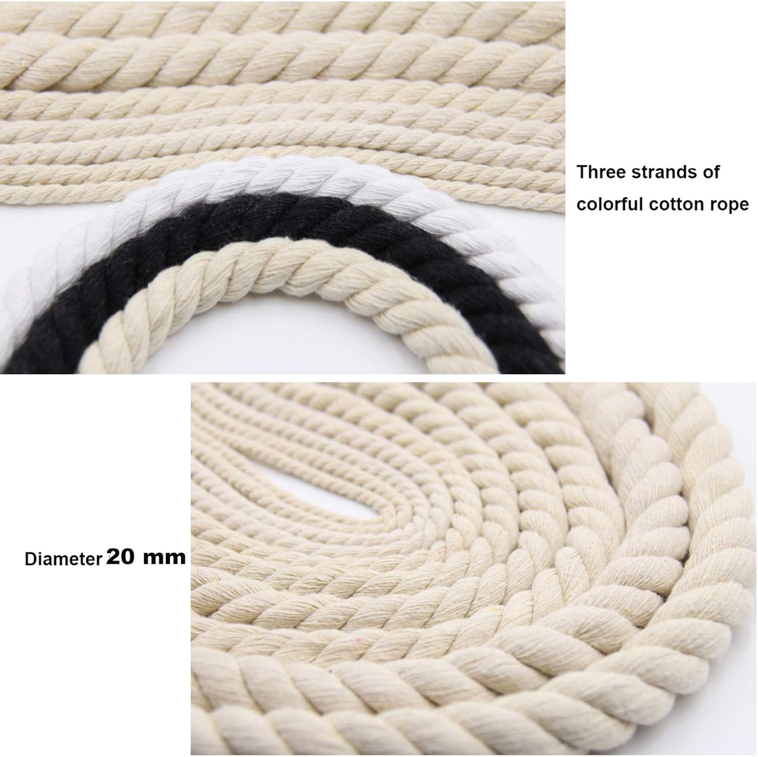 Cotton String Ball, Elastic Cord, Thread Beading String,Macrame Cord 20mm x 10m/20m/30m,3-Strand Twisted Soft Colored Macrame Cotton Rope,Basket Rope Thick String Cord for Wall Hanging, Knotting, DIY