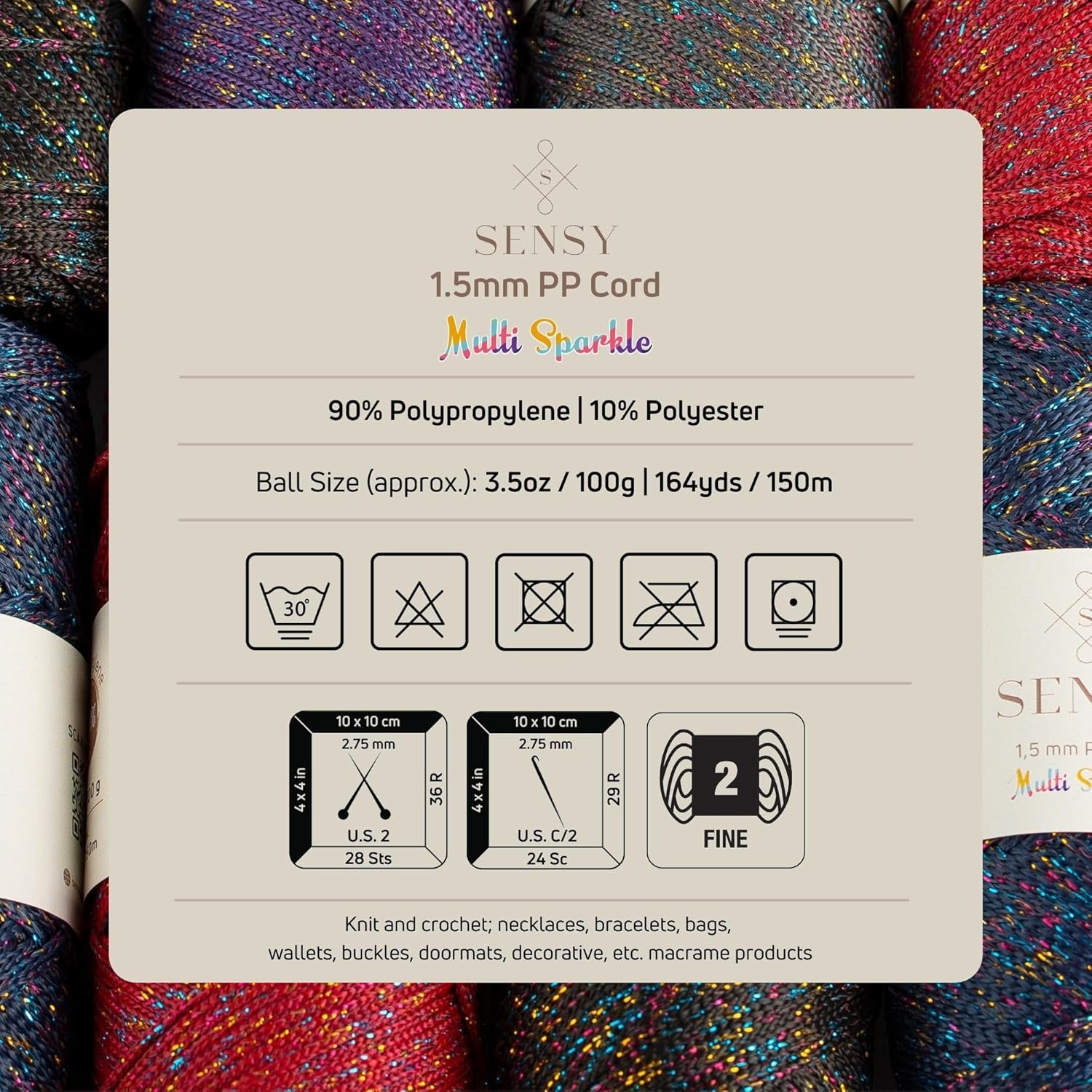 10 Skeins of Sensy 1.5mm 164 Yards Sparkle Polyester Rope 90% Polypropylene 10% Polyester Cord Macrame Cord Crochet Bag Cord Macrame Rope Crochet Thread Gift for Knitter (Anthracite Multi Sparkle)