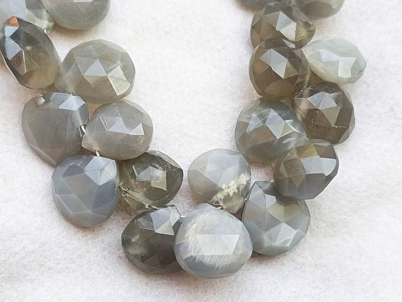 8 inch Strand of Natural Gray Moonstone 11-13.5 mm Heart Faceted briolette Beads for DIY Jewelry Making. |BRIO_03567