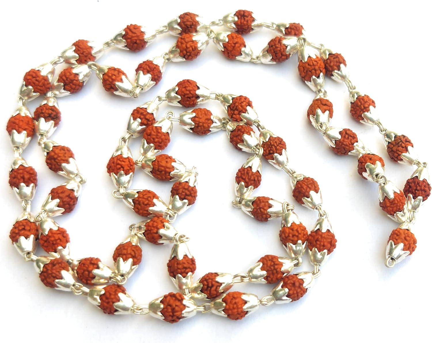 Rudraksha Mala in Silver Designer Caps (5 Mm, 55 Beads) - Special Edition - Natural Rudraksha Beads - Pure Silver - Pack of 1