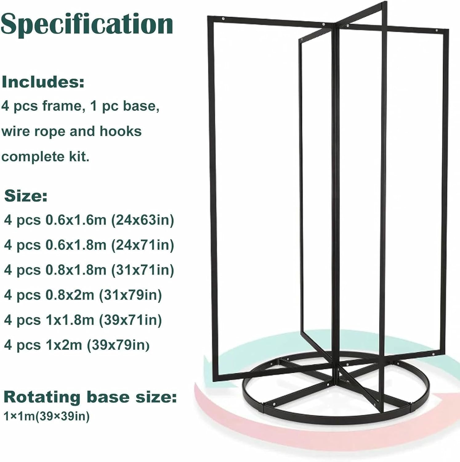 Rotating Picture Hanging Kit System, Large Painting Exhibition Display Rack with Steel Cable & Adjustable Hooks, Freestanding Art Gallery Photo Hanger (4 pcs 1x2m/39x79in+Base