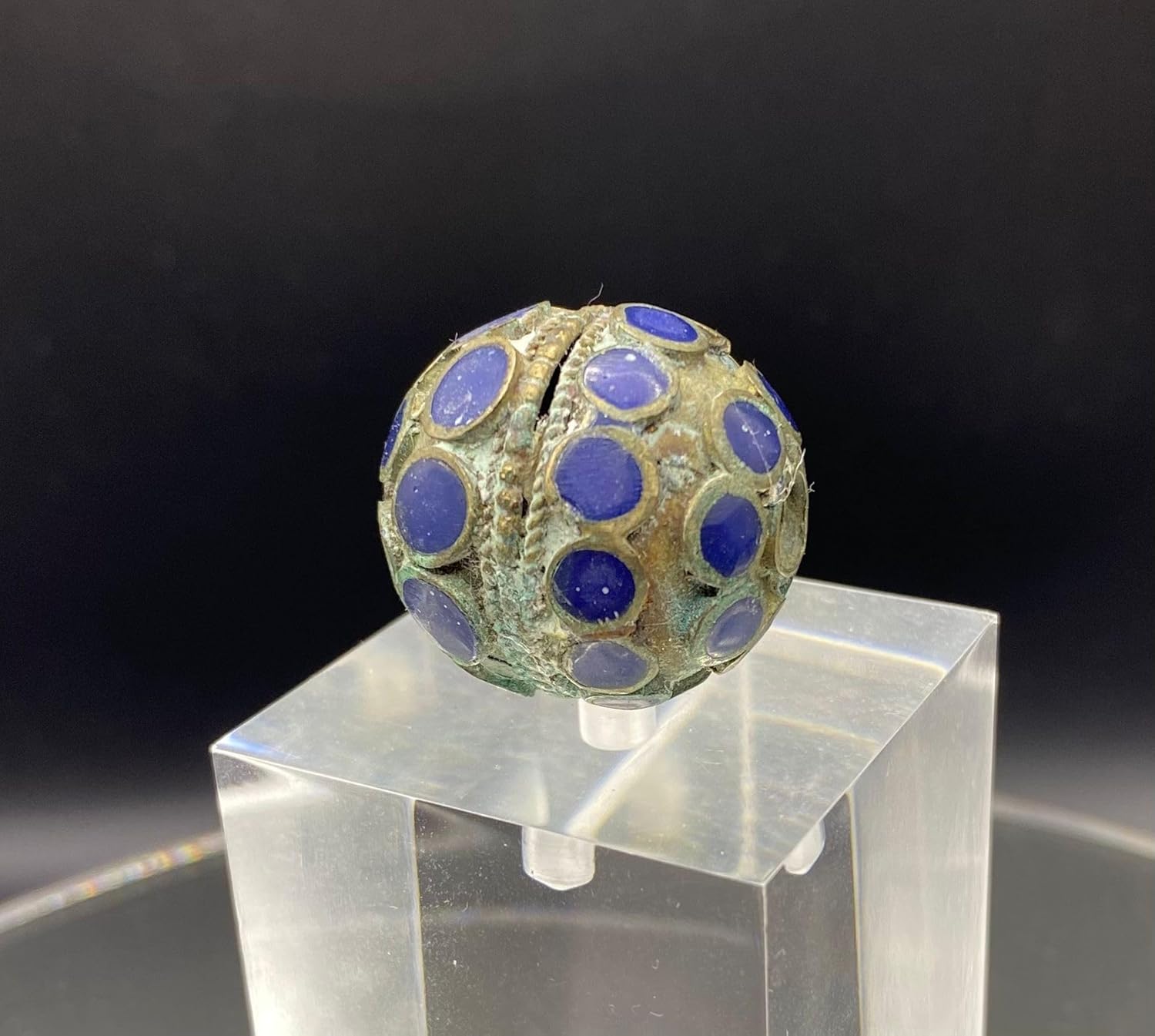 Antique Tibetan Brass Inlay Bead 25x22mm 4.5g | Vintage Lapis Lazuli Stone Handmade for Jewelry Making | Ethnic Nepal for Necklace, Bracelet, Earring Craft | Old Tribal Boho Bead (50)