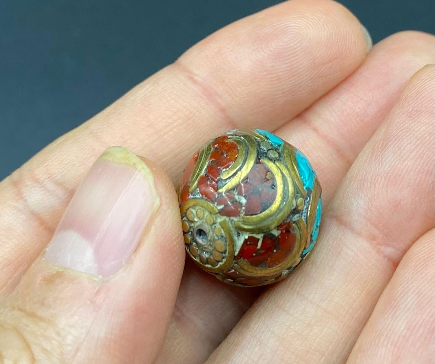ALI OPLAS Old Antique Nepali Tibetan Handmade Brass Bead 18mm 9g | Turquoise & Coral Inlay Round Bead | Ethnic Boho Jewelry Supply | for Pendant Bracelet Necklace Making (50)