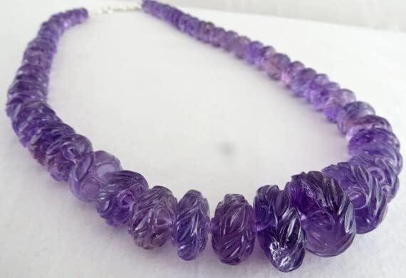 Natural Amethyst Carved Beads Necklace 21 INCHES 22 MM to 10MM
