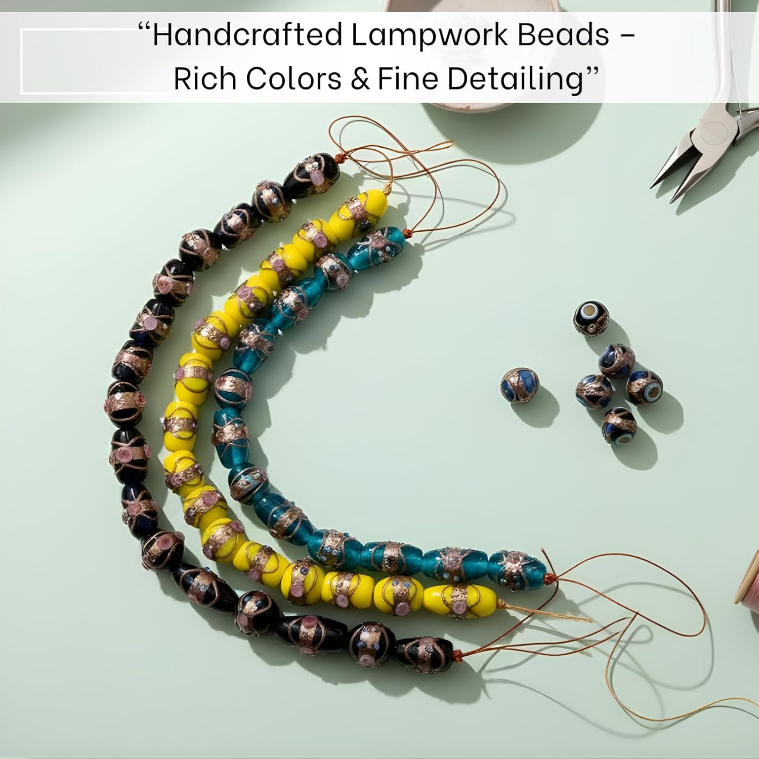 Handcrafted Lampwork Glass Beads | Mixed Color Strands with Floral & Foil Designs | Available in 50 Strands | Oval & Barrel Artistic Beads for Jewelry Making & DIY Crafts.