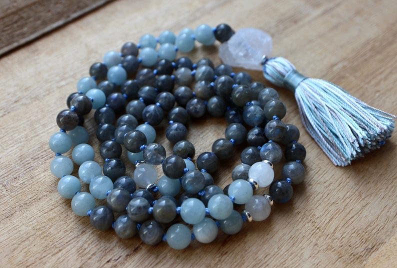 Labradorite, Aquamarine, Rainbow Moonstone Stone Mala Beads, 108 Mala Necklace, Knotted Mala, WWG Necklace, Yoga Jewelry Meditation Beads Spiritual Jewelry Boho Jewelry