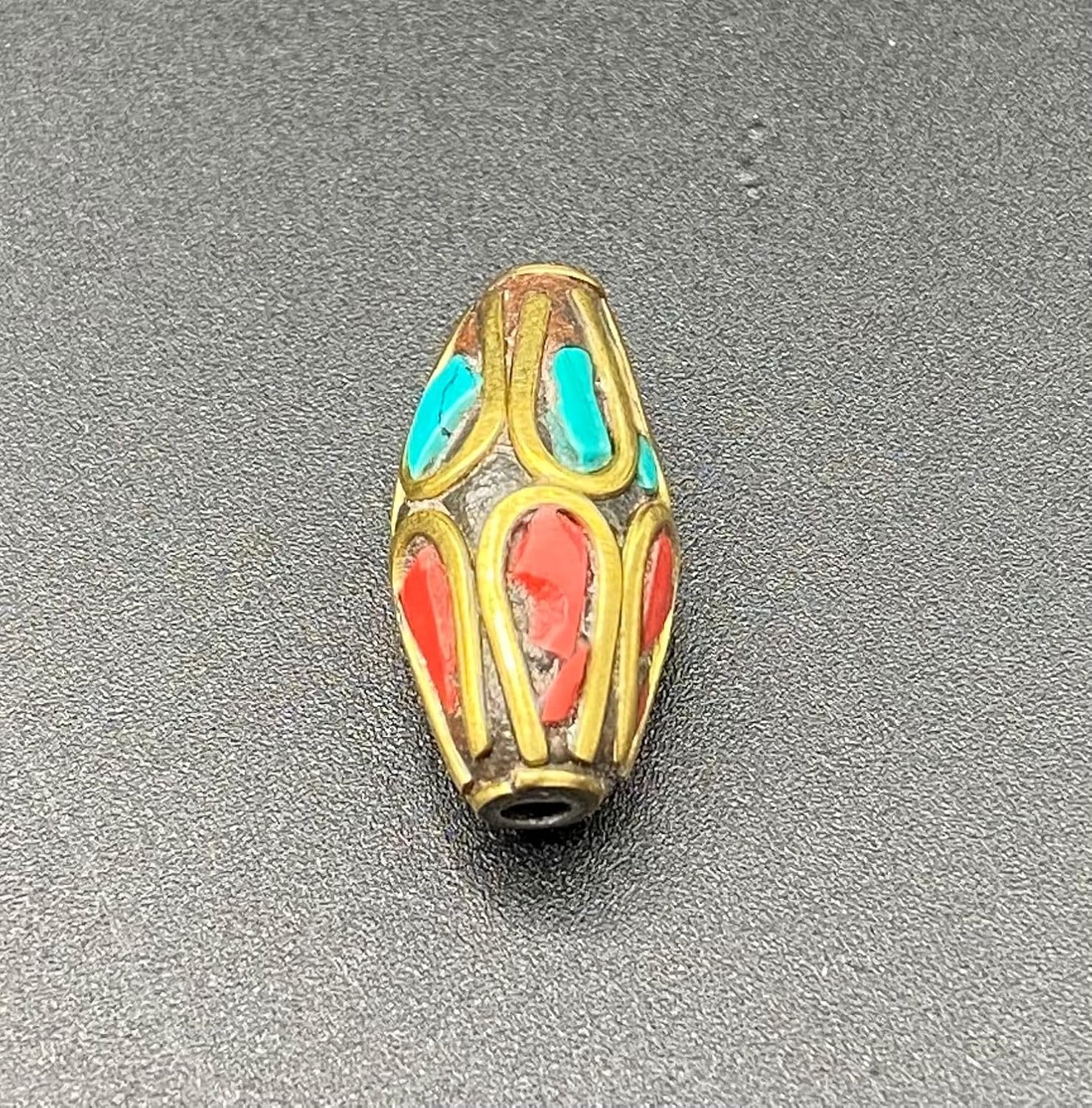 Old Antique Handcrafted 21x10mm Nepalese Tibetan Brass Bead with Turquoise & Coral Inlay – Vintage Ethnic Dzi Style Barrel Buddha Prayer Amulet Bead for Jewelry Making