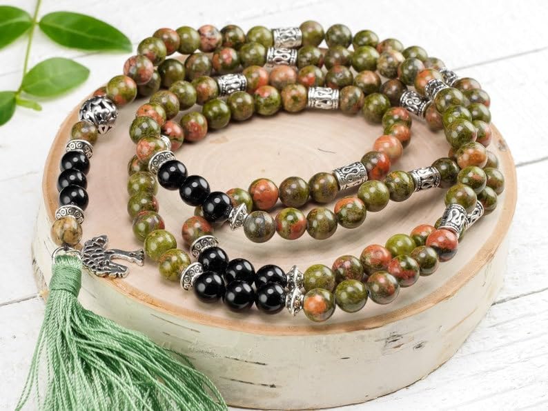 UNAKITE & BLACK ONYX Stone Mala Beads, 108 Mala Necklace, Knotted Mala, WWG Necklace, Yoga Jewelry Meditation Beads Spiritual Jewelry Boho Jewelry, 34inch, Gemstone