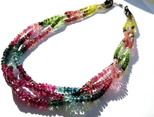 925 sterling Silver Natural 4mm stacking Multi Tourmaline Necklace Rondelle, Faceted 17