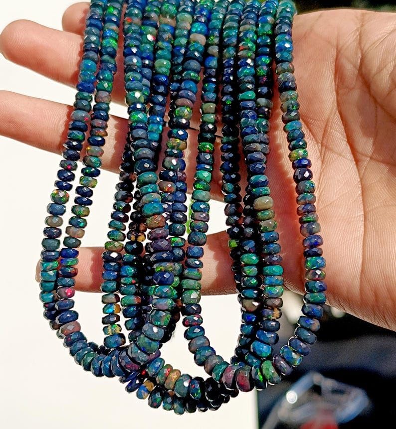100% Natural Ethiopian Black Opal Faceted Roundel Beads Strand for Jewelry Making 4x6mm Beads