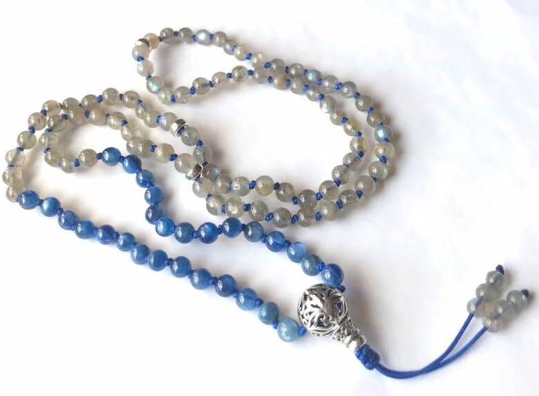 Natural Kyanite ,Labradorite 6mm-10mm 108 Mala Beads, Spiritual, Meditation Beads, Reiki, Japa Mala, Buddhist Prayer Beads, Yoga Bracelet, healing beads LKMALA-RRGU-1032