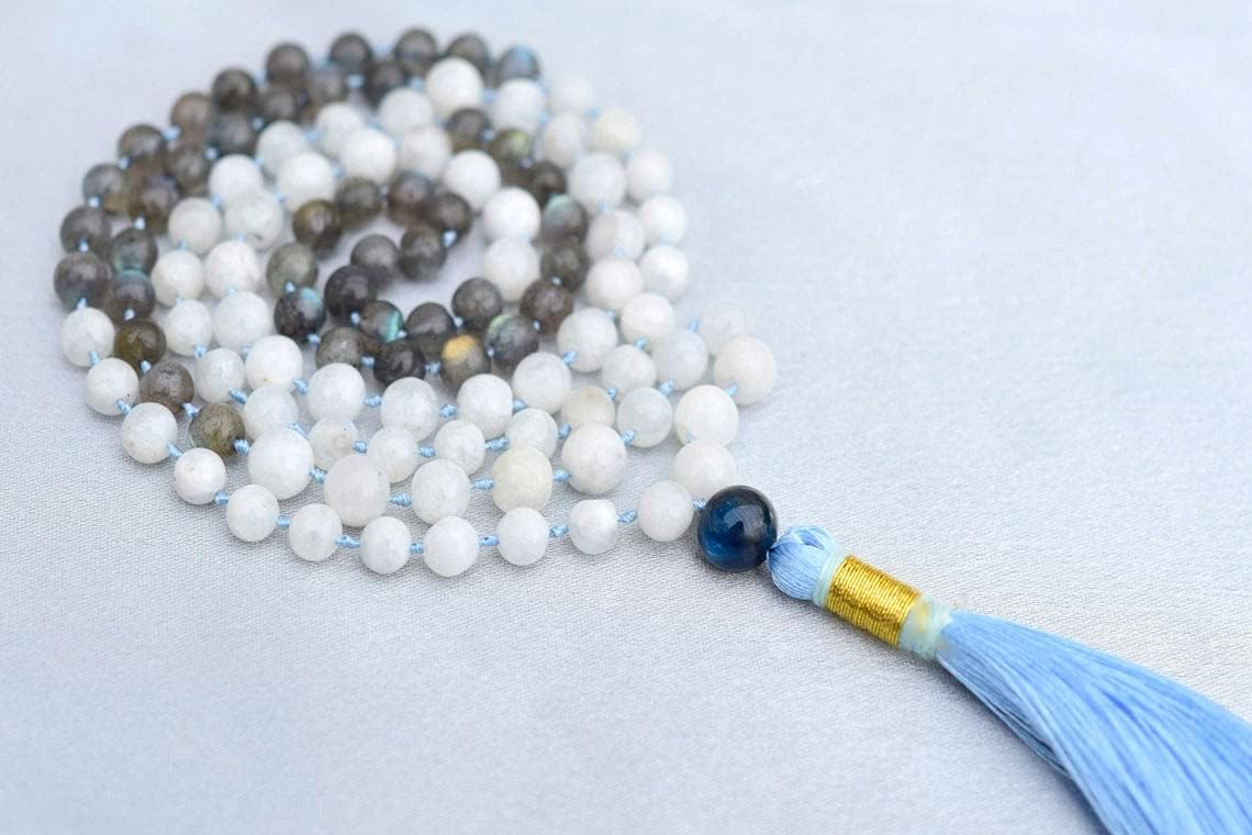 Rainbow Moonstone Labradorite 108 Beads Necklace, Tessel Prayer Beads Mala, Yoga Mala, Blessing Spiritual Ferility Jewelry Gifts, Moonstone Rosary