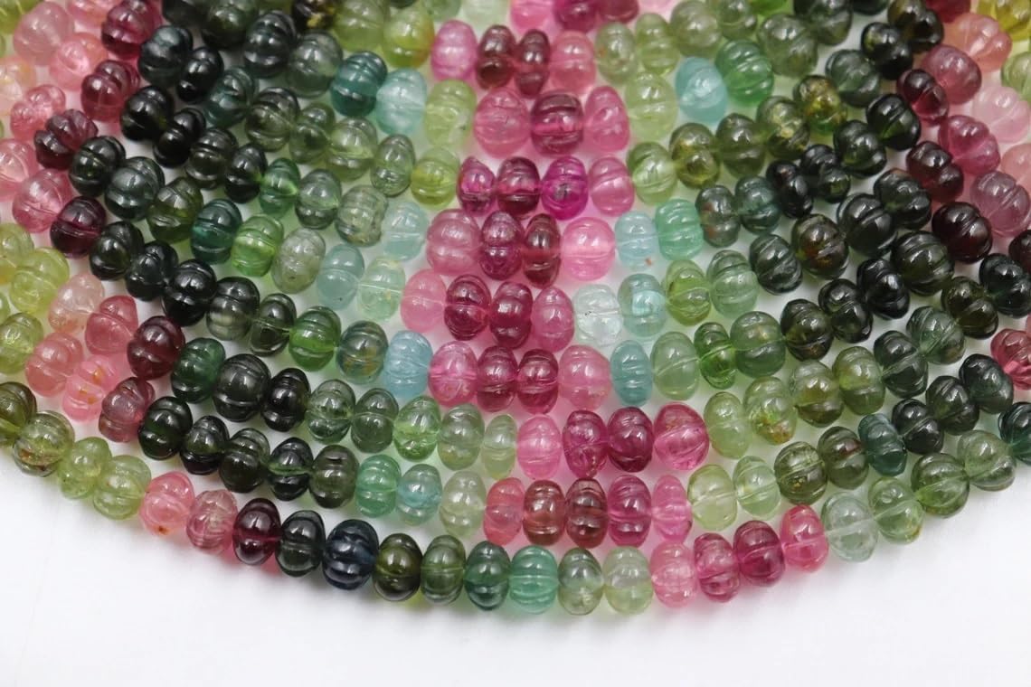 Tourmaline Smooth Carving Melon Shape Beads, 7-12mm AAA+ Quality Multi Tourmaline Melon Carved Beads for Making Jwelery