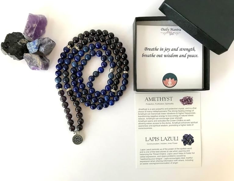 Natural Lapis Lazuli and Amethyst 8mm 108 Mala Beads, Spiritual, Meditation Beads, Reiki, Japa Mala, Buddhist Prayer Beads, Yoga Bracelet, healing beads LKMALA-RRGU-3338