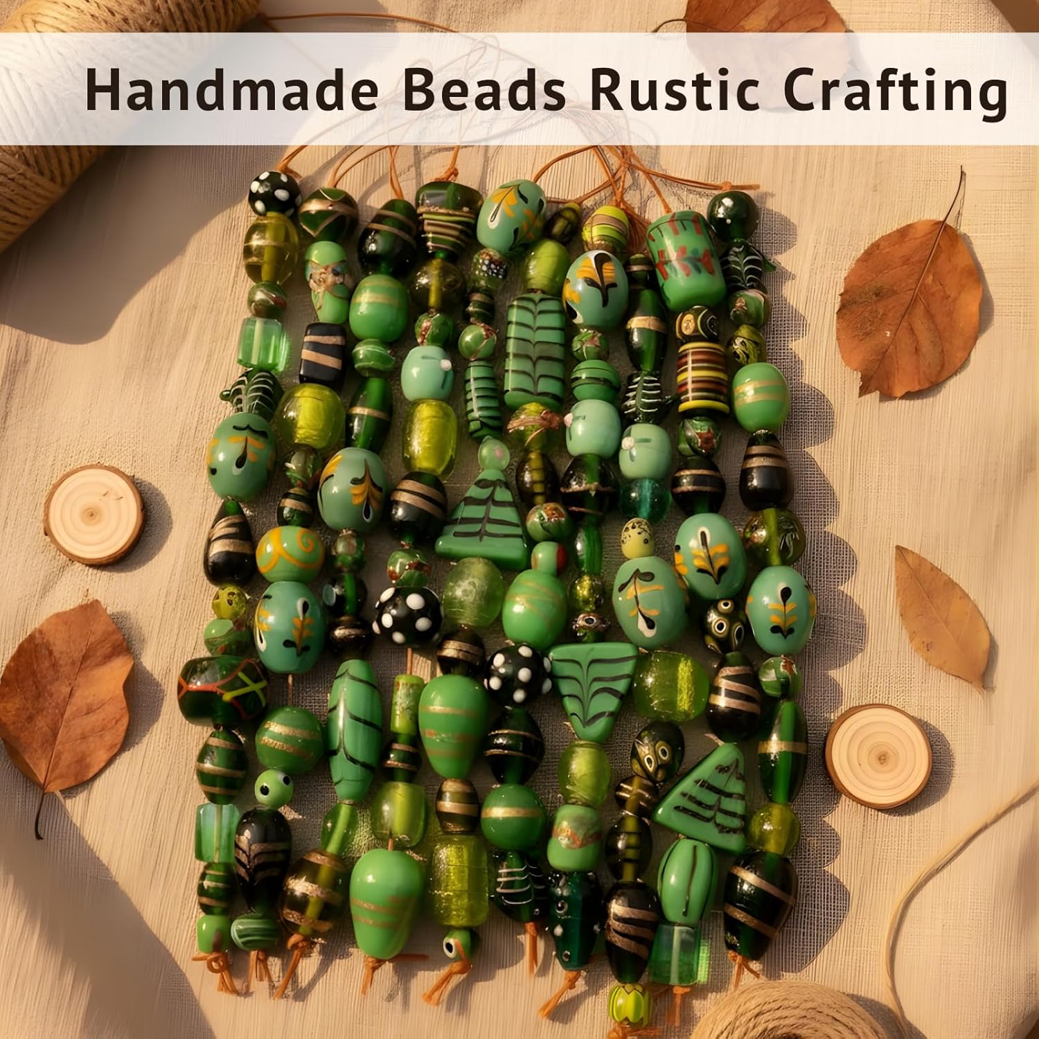 Handcrafted Green Combination Lampwork Glass Beads | Multi-Shape Fancy Spacer Beads | Available in 20 Strands | Artistic Handmade Beads for Jewelry Making & DIY Crafts.