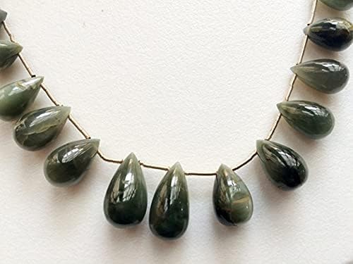 1 Strand Natural Cats Eye Plain Tear Drops, Green Cats Eye Beads, Chrysoberyl, Cats Eye Necklace, 6x9mm - 15x8mm, 4 Inch