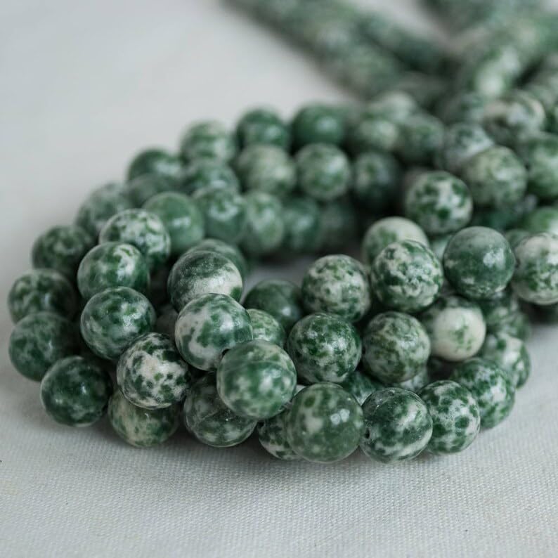 13 inch Strand of Natural gem Green Spot, 10mm Round Smooth Beads for DIY Jewelry Making. | Beads_04503