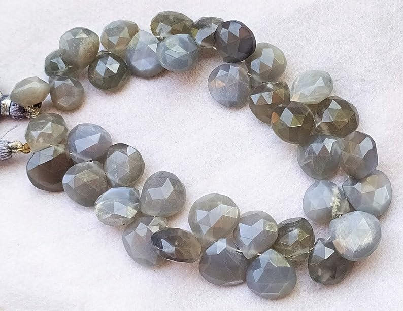 8 inch Strand of Natural Gray Moonstone 11-13.5 mm Heart Faceted briolette Beads for DIY Jewelry Making. |BRIO_03567