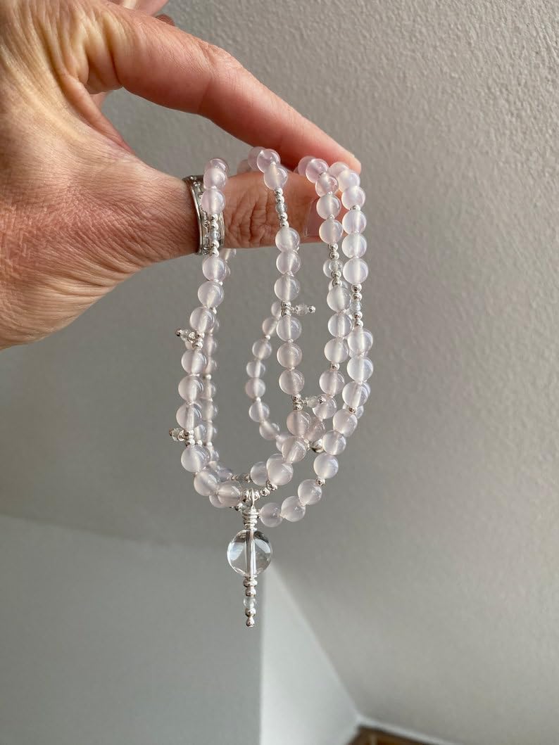 pink chalcedony Stone Mala Beads, 108 Mala Necklace, Knotted Mala, WWG Necklace, Yoga Jewelry Meditation Beads Spiritual Jewelry Boho Jewelry, 34inch, Gemstone