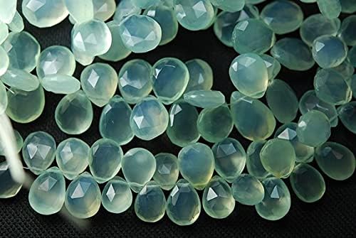 7 Inches, Super Finest, Sea Green Aqua Chalcedony Faceted Heart Briolettes 10-12mm