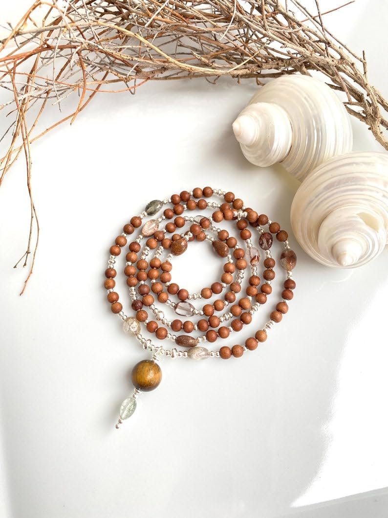 Natural sandalwood and inclusive quartz 5mm-6mm 108 Mala Beads, Spiritual, Meditation Beads, Reiki, Japa Mala, Buddhist Prayer Beads, Yoga Bracelet, healing beads LKMALA-RRGU-3486