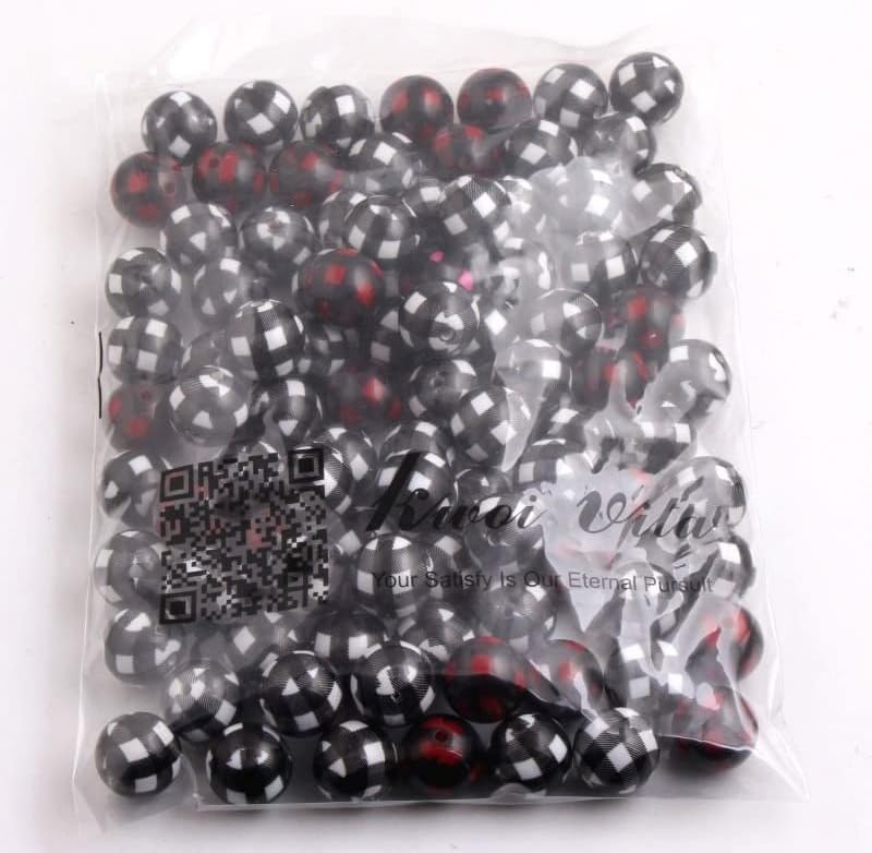 Davitu Kwoi Vita 12mm 20mm Acrylic White Solid Beads Print Black Plaid for Chunky Beads Necklace Jewelry - (Item Diameter: 12mm)
