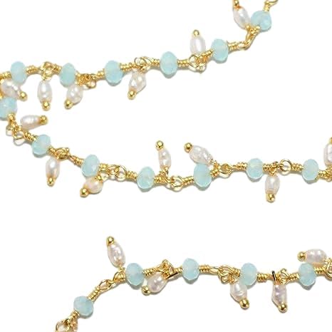 36 inch long gem peruvian chalcedony & pearl 3-4mm rondelle & oval shape faceted & smooth cut beads wire wrapped 22k gold plated dangling rosary chain for jewelry making / DIY jewelry crafts #Code - DANRCH-039