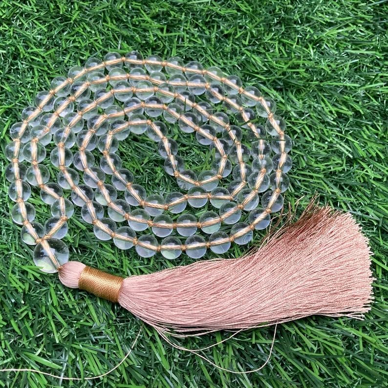Natural Clear Quartz 8mm 108 Mala Beads, Spiritual, Meditation Beads, Reiki, Japa Mala, Buddhist Prayer Beads, Yoga Bracelet, healing beads LKMALA-RRGU-583