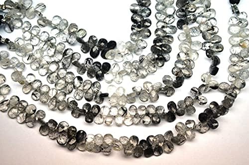 8 Inch 5x6-5x7mm Natural Black Rutilated Quartz Faceted Pear Shape Briolette Beads Strand
