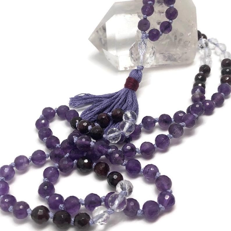 Natural quartz and amethyst, garnet 6mm-10mm 108 Mala Beads, Spiritual, Meditation Beads, Reiki, Japa Mala, Buddhist Prayer Beads, Yoga Bracelet, healing beads LKMALA-RRGU-420