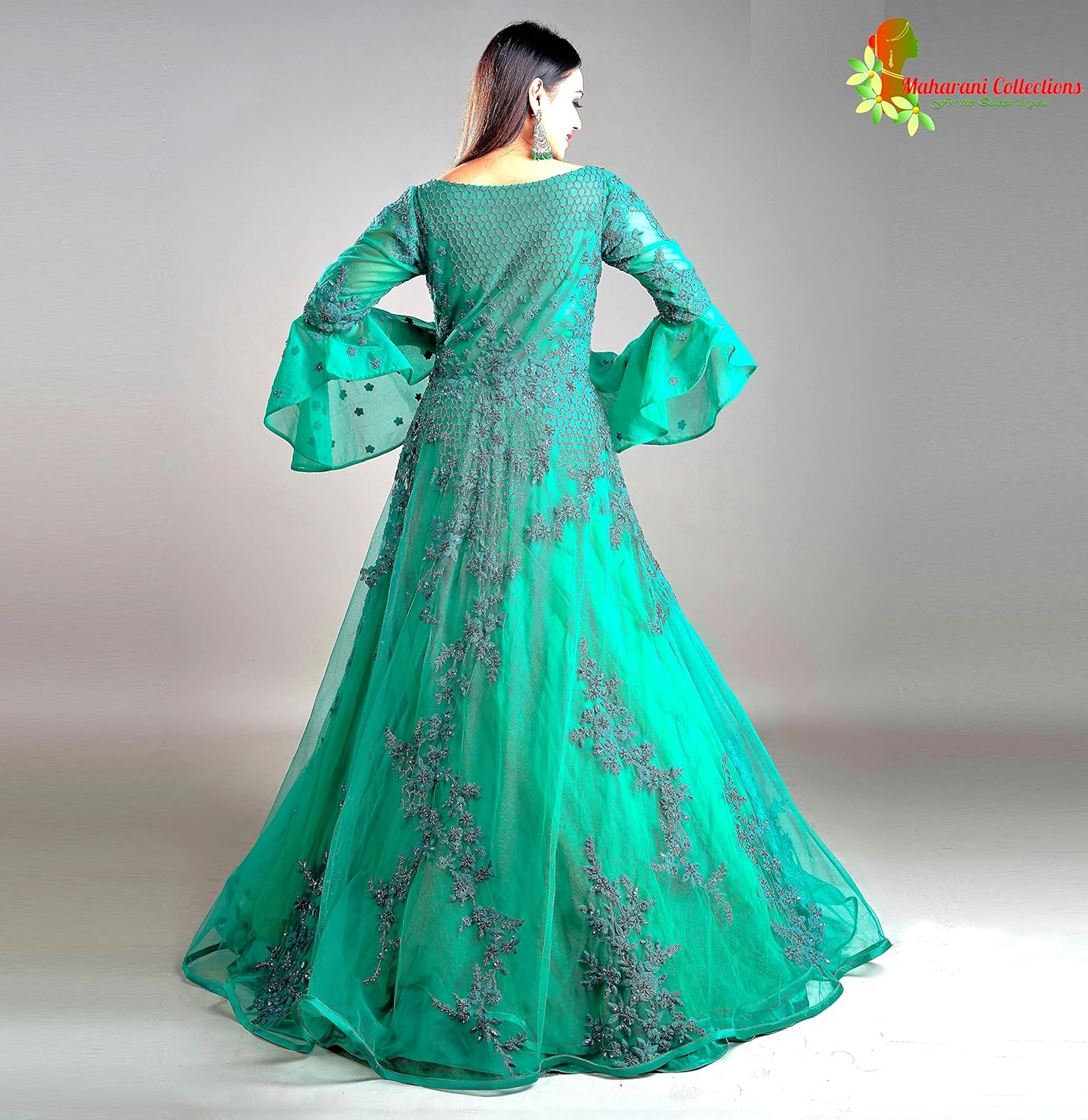 Maharani's Designer Ball (Princess) Gown - Dark Green with Net, Beads, Sequins and Thread Work
