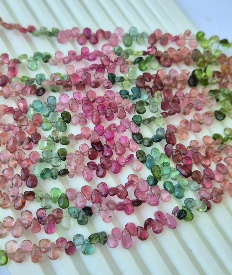 Natural Multi Tourmaline Faceted Pear Shape Beads, Pink and Green, 5x7mm, 8 Inch Strand, Semi-Precious Gemstone Jewelry Making Supplies