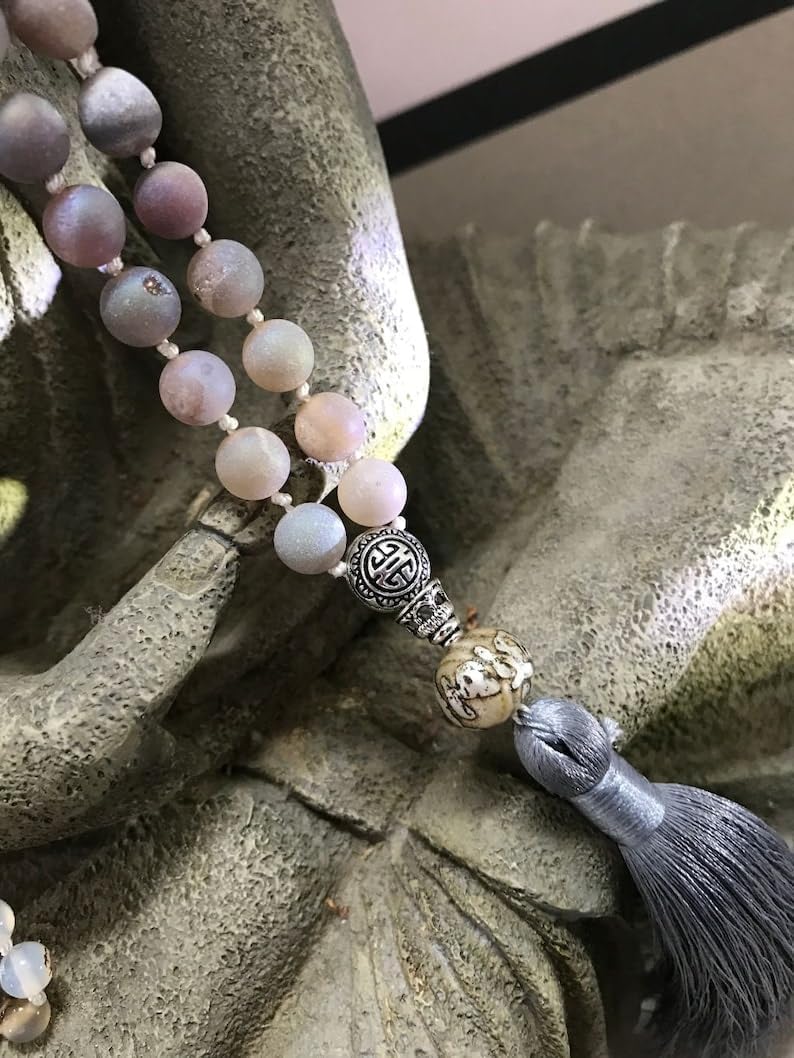 Natural Peruvian Clear Quartz, flower agate, aurora luster druzy beads, Stone Mala Beads, 108 Mala Necklace, Knotted Mala, WWG Necklace, Yoga Jewelry Meditation Beads Spiritual Jewelry Boho Jewelry,