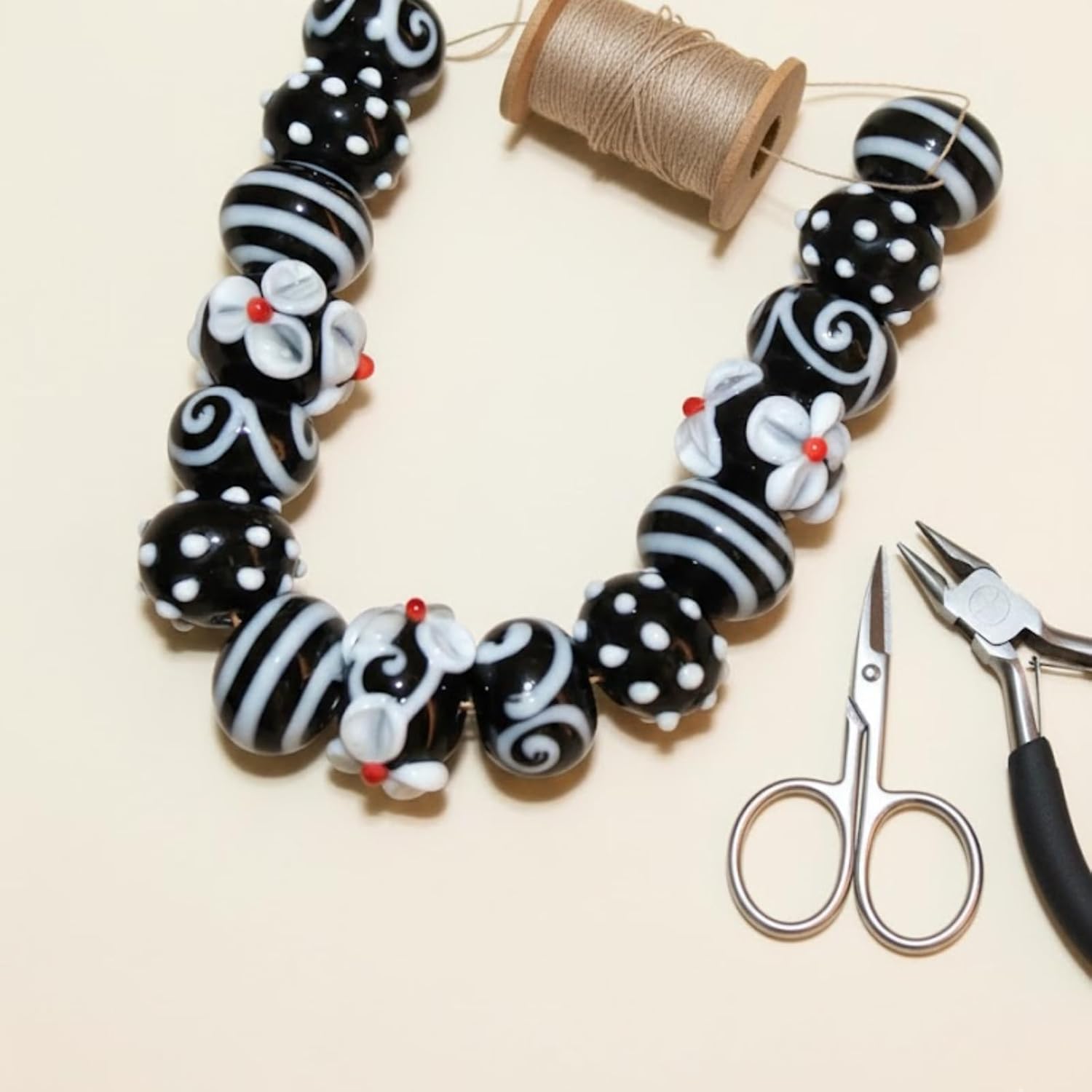 Handcrafted Black & White Lampwork Glass Beads | Floral, Dots & Stripe Pattern Beads | Available in 10 Strands | Artistic Assorted for Jewelry Making & DIY Crafts.