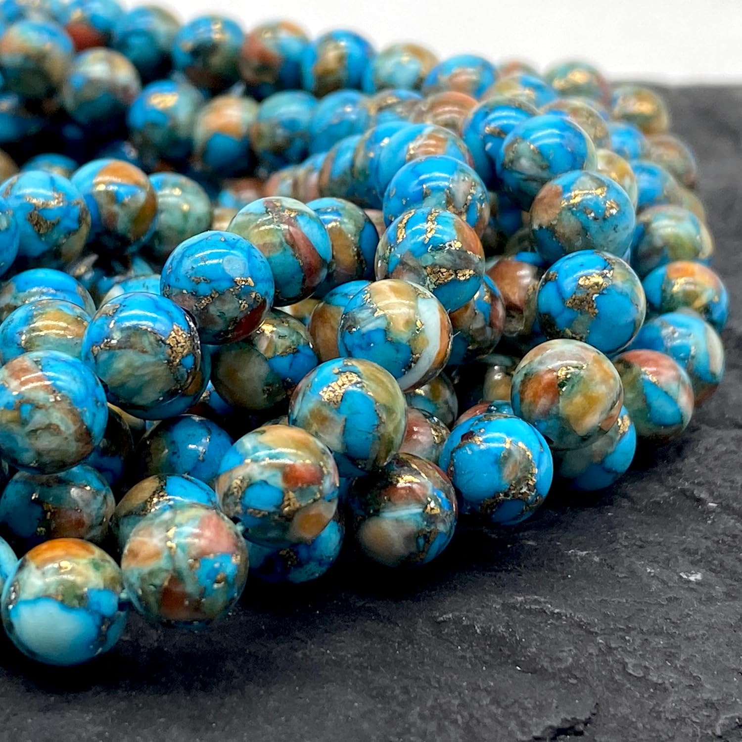 ABCGEMS Mohave Copper Turquoise & Mexican Spiny Oyster Shell Beads (70% 30% Respectively - A Revolutionary Composite Inlay Technique) Native American Style Pow Wow Calibrated Smooth Round 10mm