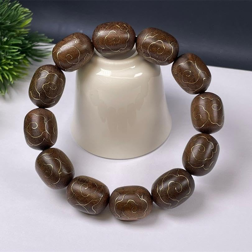 Vietnam Nha Trang White Agarwood Sinking Old Material Jujube Beads 18mm with Gold-Inlaid Auspicious Cloud Pattern