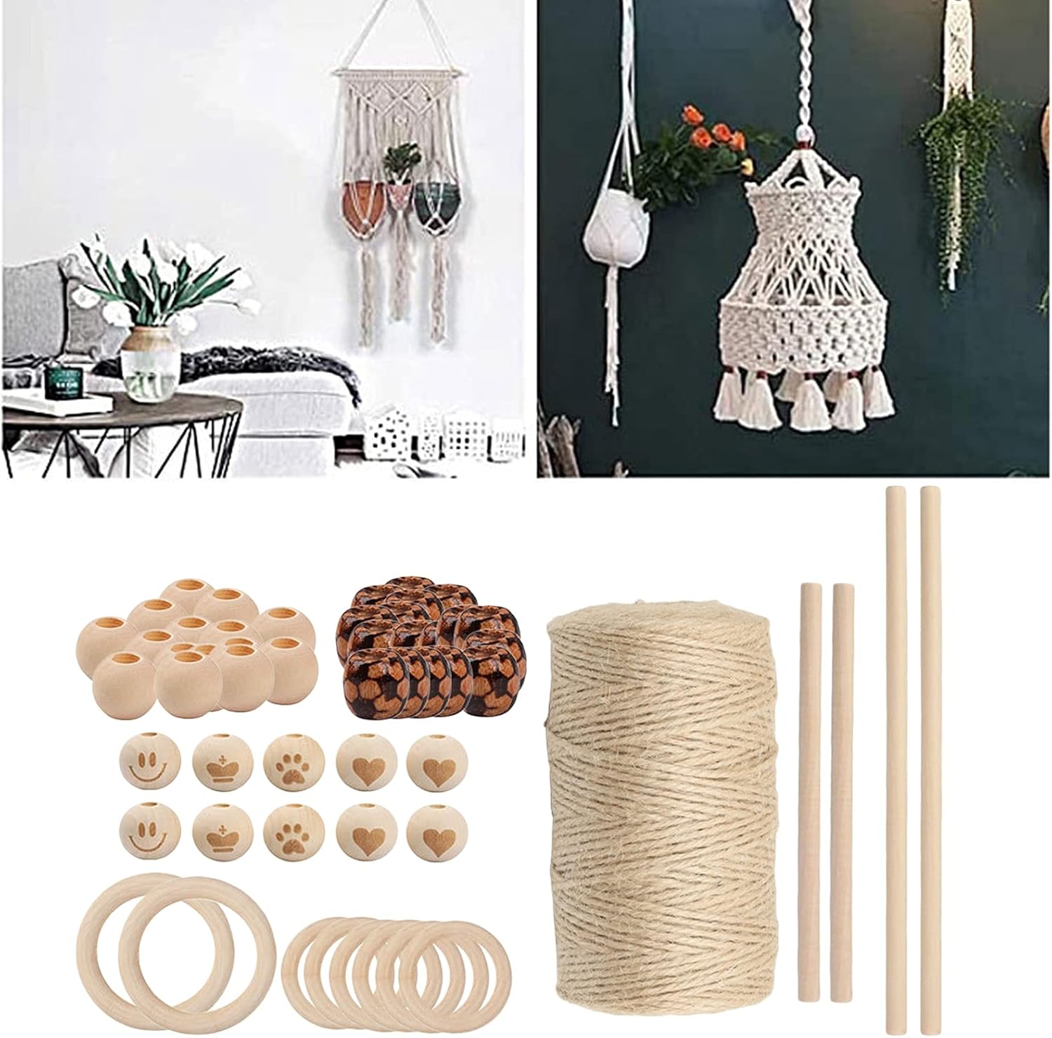 OP Macrame Kit 3mm Macrame Cotton Cord with Wooden Beads, Wooden Rings for Wall T211