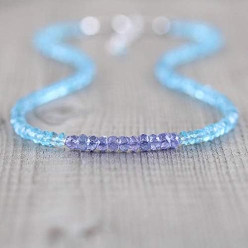 AAA++ Rare Quality Tanzanite & Sky Blue Topaz Beaded Necklace in Sterling Silver, Rose or Gold Filled. Gemstone Choker or Long Layering Necklace. Womans Gift 3.5mm 16