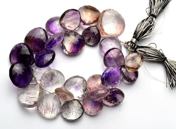 BEADS GEMSTONE 1 Strand Natural Amethyst Rutile Faceted Heart Shape Briolettes 8 Inch Long Full Strand Big 16 to 20MM Code-HIGH-11175