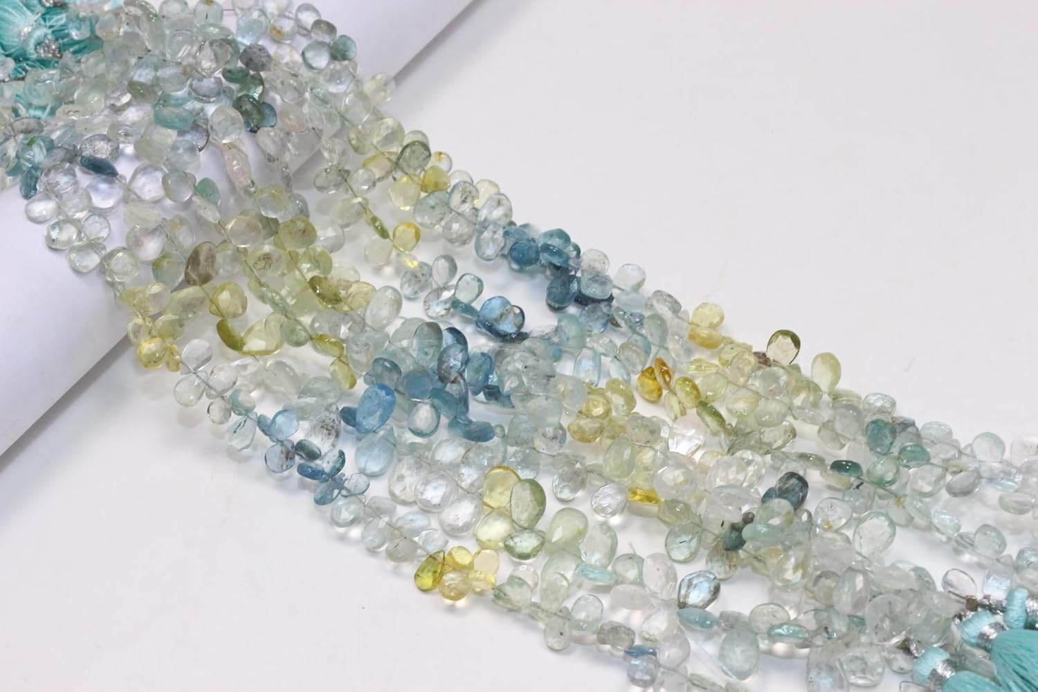 Natural Aquamarine Faceted Pear Beads, Multi-Color Blue and Yellow, Semi-Precious Gemstone Strand, 4-8mm, 8 Inch Length