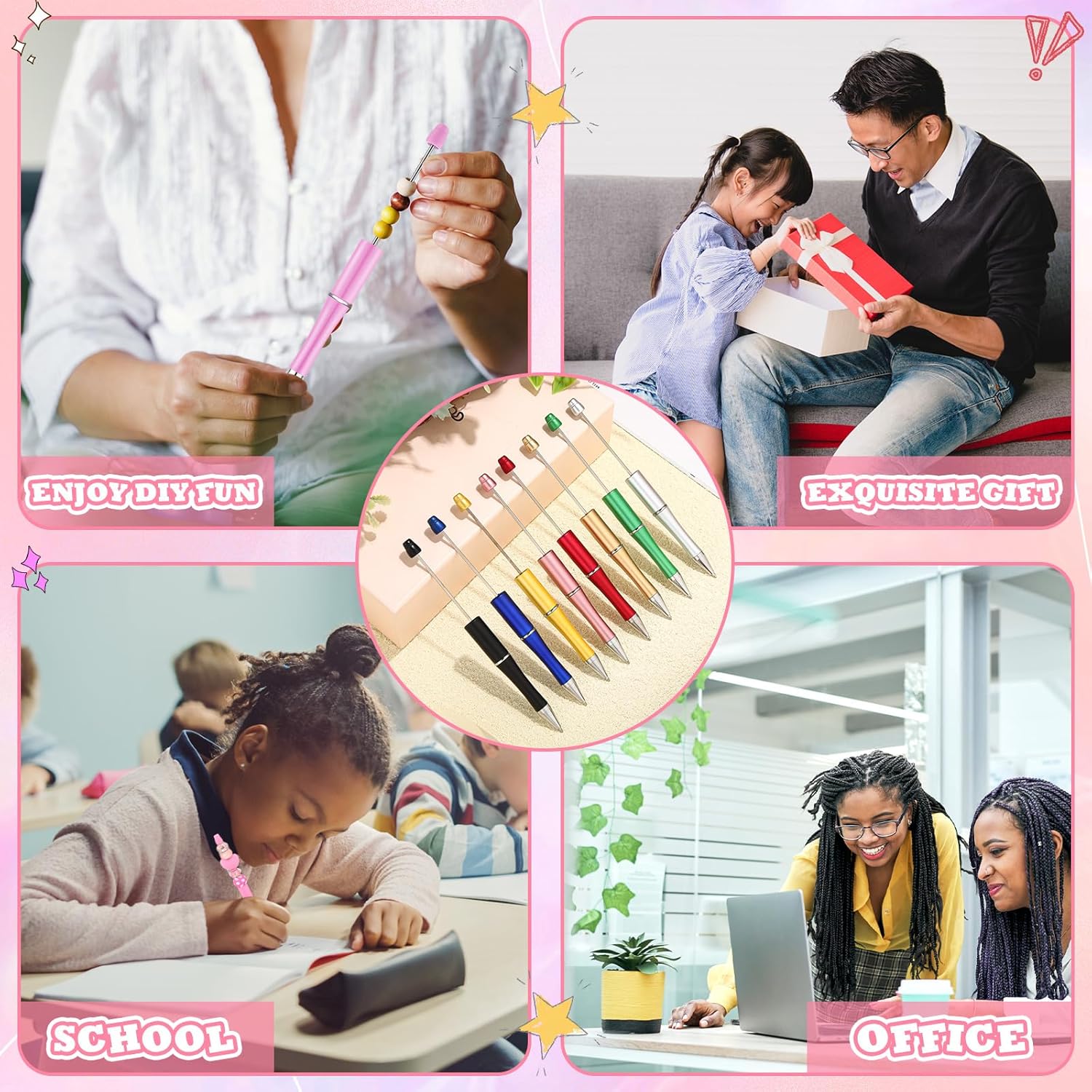 Kosiz 300 Pcs Beadable Pen Bulk Assorted Plastic Bead Pen DIY Black Ink Ballpoint for DIY Making Kids Students Office Back to School Gift Supplies(Multicolor)