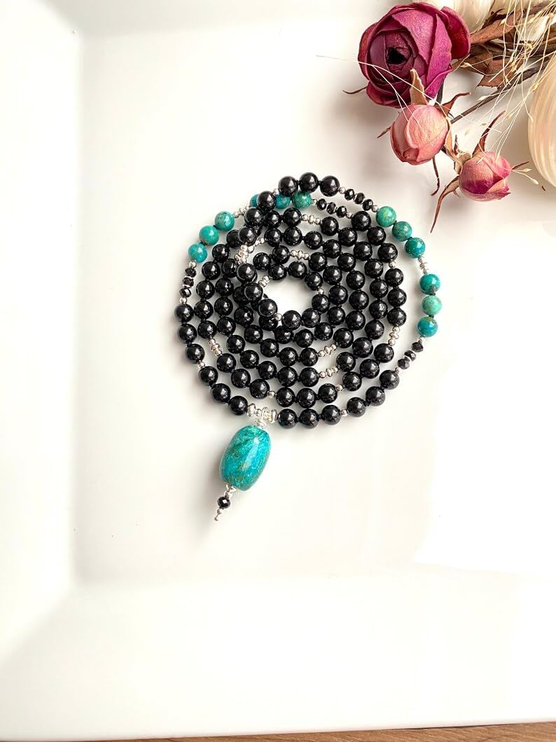 Natural chrysocolla and black tourmaline 6mm 108 Mala Beads, Spiritual, Meditation Beads, Reiki, Japa Mala, Buddhist Prayer Beads, Yoga Bracelet, healing beads LKMALA-RRGU-3420