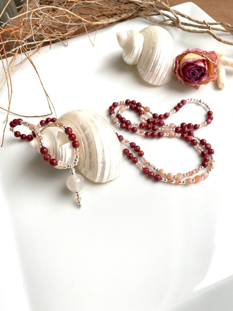 Natural thulite and moonstone 4mm 108 Mala Beads, Spiritual, Meditation Beads, Reiki, Japa Mala, Buddhist Prayer Beads, Yoga Bracelet, healing beads LKMALA-RRGU-3407