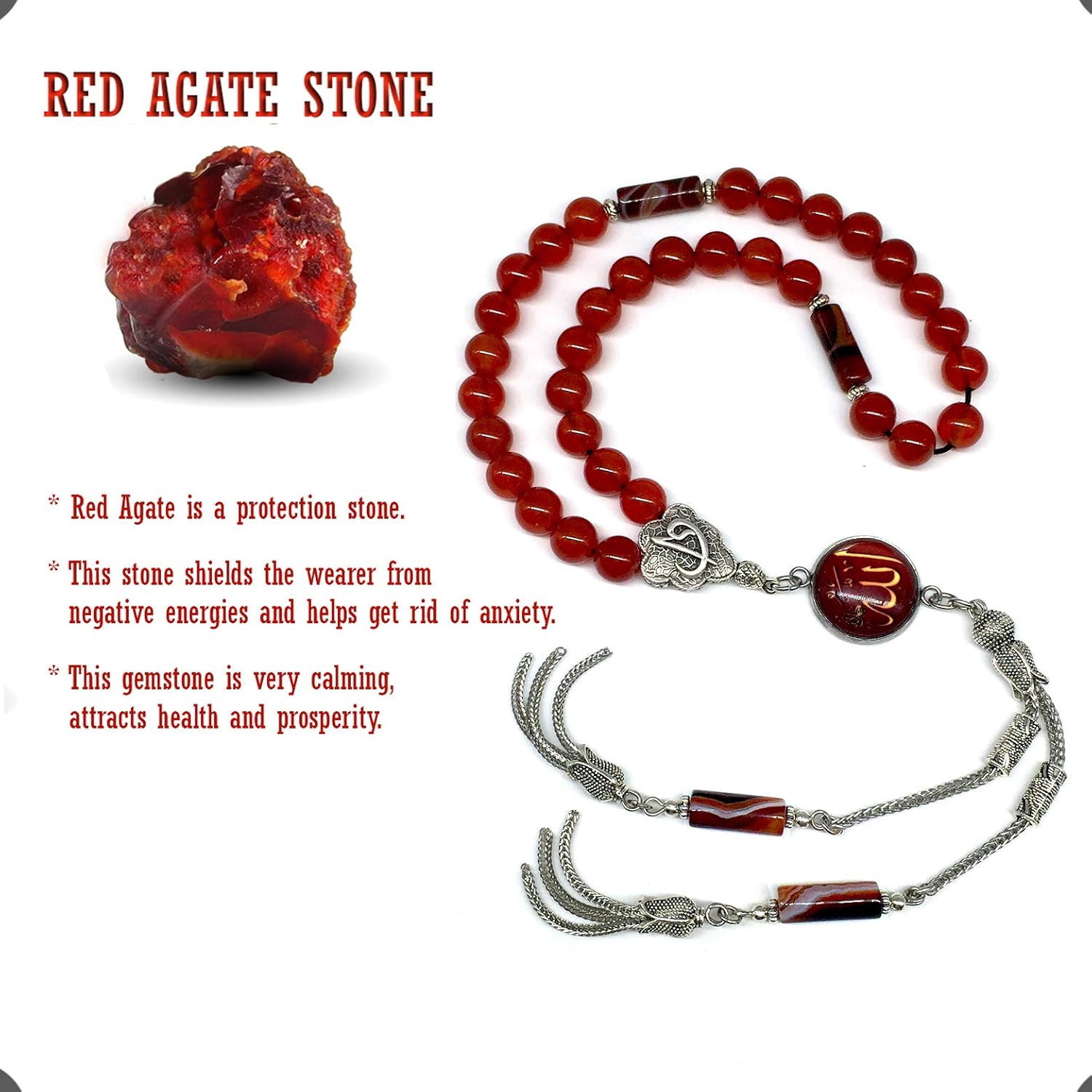 -ELEGANCE COLLECTION- Prayer Beads-Tesbih-Tasbih-Tasbeeh-Misbaha-Masbaha-Subha-Sebha-Sibha-Rosary (RED AGATE Stone (8mm -33 Beads))